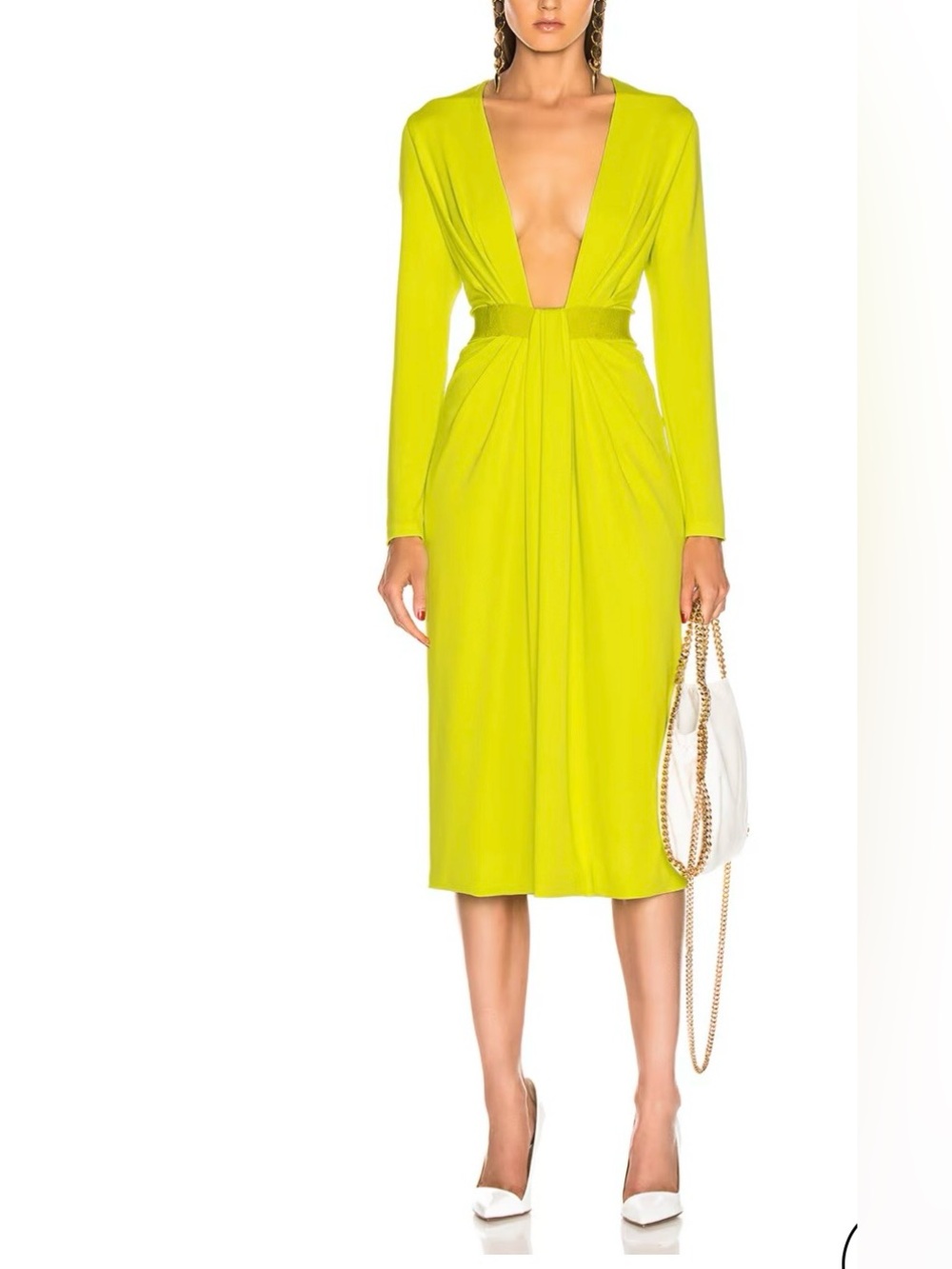 Cushnie plunging neck Long Sleeve Midi Dress in Lime